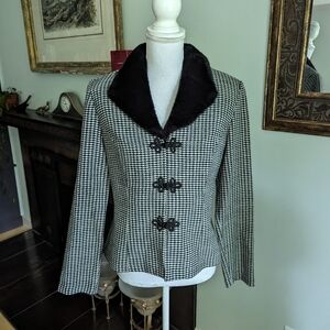 Vtg 90s Julian Taylor Wms 8 Black Houndstooth Faux Fur Collar Jacket Frog Clasp